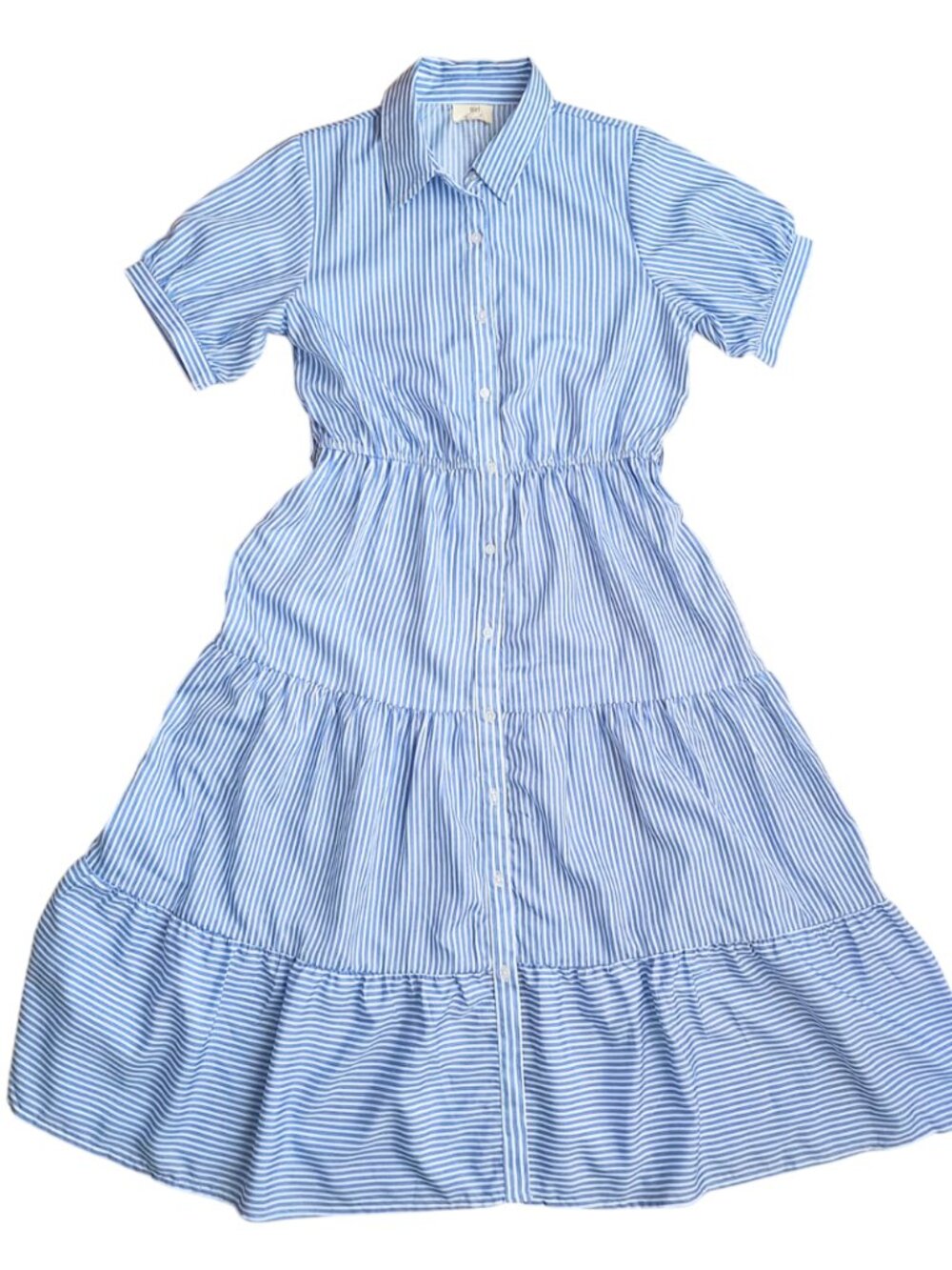 Girl Soul Blue Striped Midi Dress Size M Tiered Shirt Dress Short Sleeve Summer